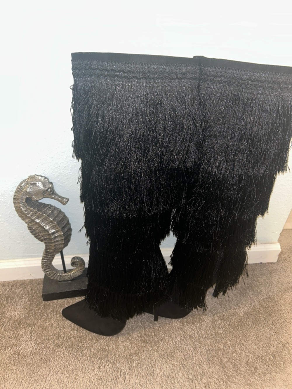 Waylin Luxury Fringe High Heeled Boots - Black size 10 US/UK8/EU41